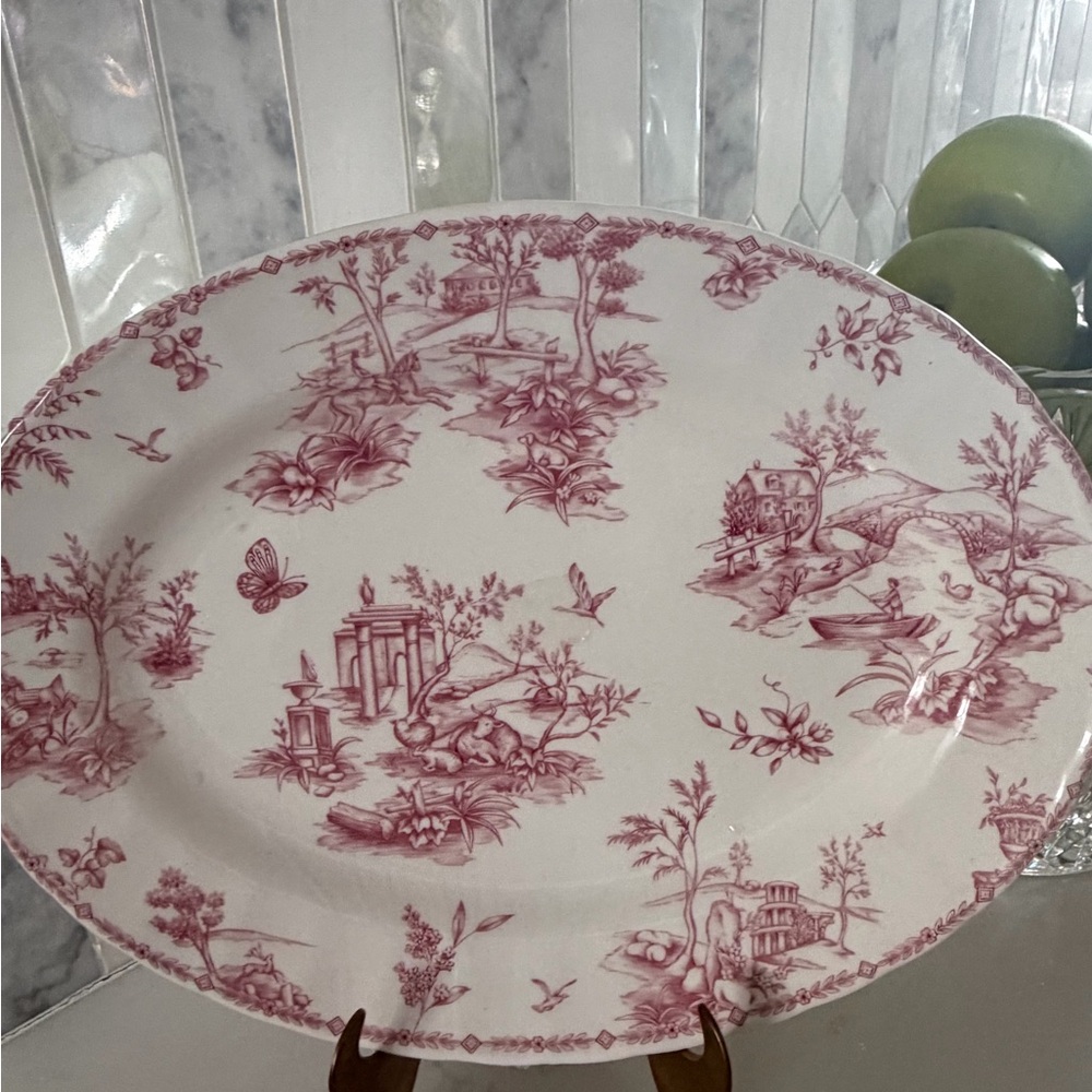 Toile Ceramic Serving Platter in Pink and White